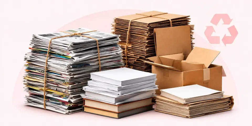 Bundled newspapers, books and cardboard cartons