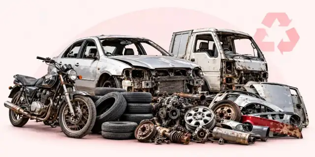Old car, motorcycle, tyres and vehicle parts